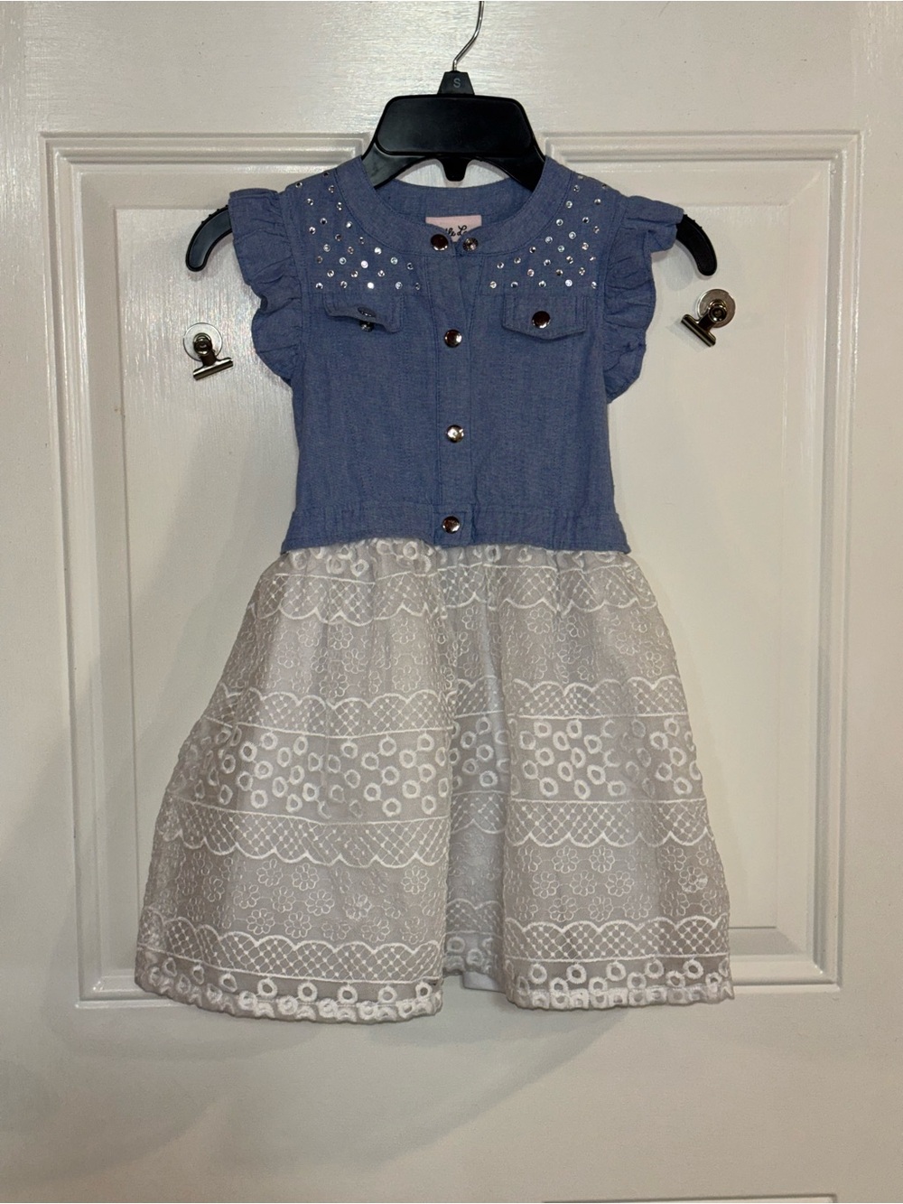 Little Lass Blue and White Lace Dress with Rhinestone Trim